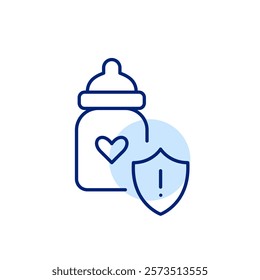 Baby bottle and shield with exclamation mark. Contamination warning, hazard notice for infant feeding. Pixel perfect, editable stroke icon