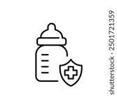 Baby bottle, shield with medical cross signifying healthcare insurance. Healthy baby food. Pixel perfect vector icon