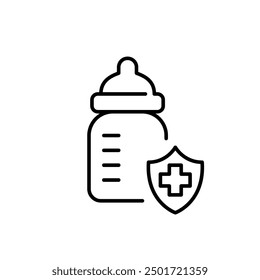 Babyflasche, Schild mit medizinischem Kreuz und Krankenversicherung. Gesunde Babynahrung. Pixel perfektes Vektorsymbol