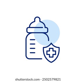 Baby bottle, shield with medical cross signifying healthcare insurance. Healthy baby food. Pixel perfect, editable stroke icon