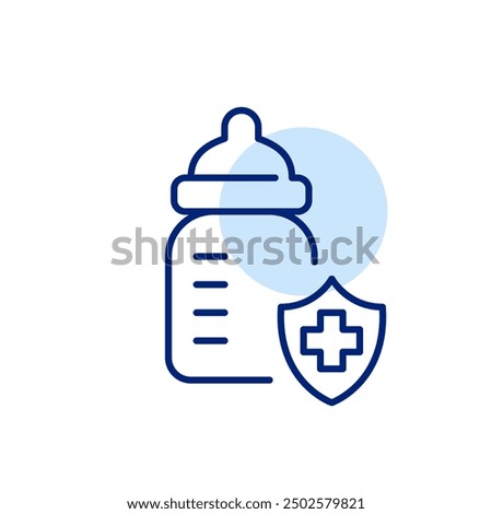 Baby bottle, shield with medical cross signifying healthcare insurance. Healthy baby food. Pixel perfect, editable stroke icon