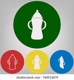 Baby bottle sign. Vector. 4 white styles of icon at 4 colored circles on light gray background.