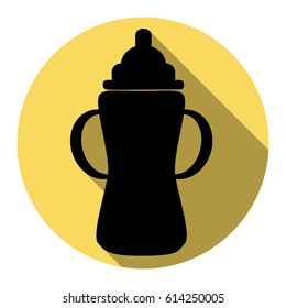 Baby bottle sign. Vector. Flat black icon with flat shadow on royal yellow circle with white background. Isolated.