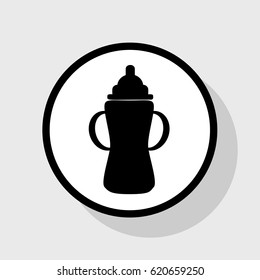 Baby bottle sign. Vector. Flat black icon in white circle with shadow at gray background.