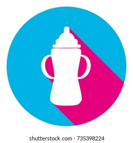 Baby bottle sign. Vector. Flat white icon with mexican pink shadow inside sky blue(S and G) circle at white background. Isolated. Trend colors in 2017.