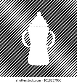Baby bottle sign. Vector. Icon. Hole in moire background.