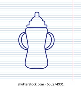 Baby bottle sign. Vector. Navy line icon on notebook paper as background with red line for field.