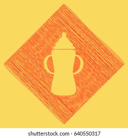 Baby bottle sign. Vector. Red scribble icon obtained as a result of subtraction rhomb and path. Royal yellow background.