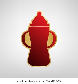 Baby bottle sign. Vector. Red icon on gold sticker at light gray background.