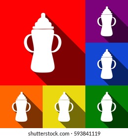 Baby bottle sign. Vector. Set of icons with flat shadows at red, orange, yellow, green, blue and violet background.
