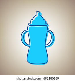 Baby bottle sign. Vector. Sky blue icon with defected blue contour on beige background.