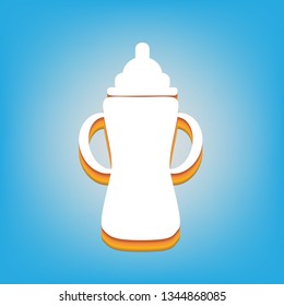 Baby bottle sign. Vector. White icon with 3d warm-colored gradient body at sky blue background.