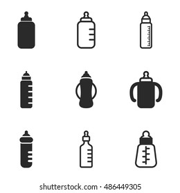 Baby bottle vector icons. Simple illustration set of 9 baby bottle elements, editable icons, can be used in logo, UI and web designdescription
