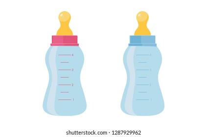 Baby bottle vector illustration set - plastic or glass container with nipple for feeding of newborn in flat style.