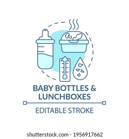 Baby Bottles And Lunchboxes Concept Icon. Top Environmental Challenges Idea Thin Line Illustration. Kid Food. Vector Isolated Outline RGB Color Drawing. Editable Stroke