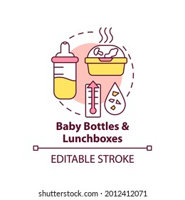 Baby bottles and lunchboxes concept icon. Top environmental challenges idea thin line illustration. Kid food. Climate change. Vector isolated outline RGB color drawing. Editable stroke