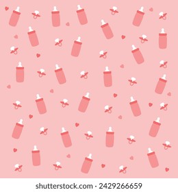 Baby bottles and pacifiers on a soft pink background