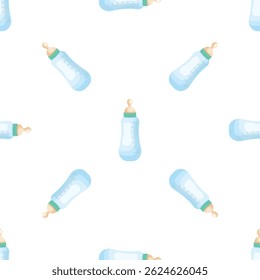 Baby bottles with scale forming a seamless pattern on white background, ideal for newborn and childcare concepts