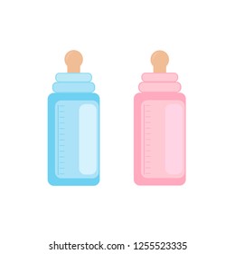 Baby bottles vector Illustrations. Baby bottles on a white background. Blue and pink baby bottle.