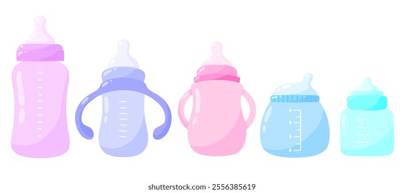 Baby bottles vector set of illustrations. Infant nutrition, newborn feeding, nursing bottle types