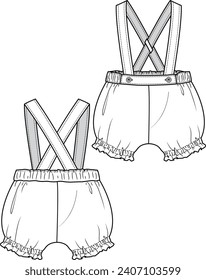 BABY BOTTOM WEAR BLOOMER WITH SUSPENDER BRACE FRONT AND BACK FASHION FLAT DESIGN VECTOR ILLUSTRATION