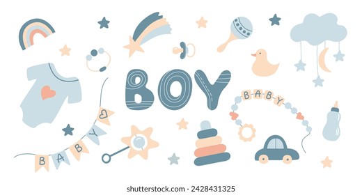 Baby Boy Accessory Collection. Newborn cute cartoon elements isolated on white. Flat vector kids Nursery toys. Boys set in pastel colors for design. Items for child playing