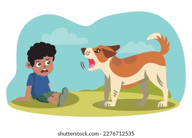 Baby boy afraid of angry dog, dangerous animal attack vector illustration. Cartoon scared kid sitting on grass of lawn or meadow, large dog growling and barking, showing dangerous teeth to small child