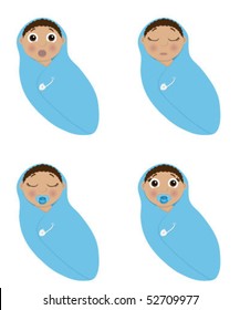 Baby boy of african descent in a blue blanket with different faces