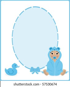 Baby boy of african descent in a hooded towel frame/sign with copy space, in shades of blue for baby boys.