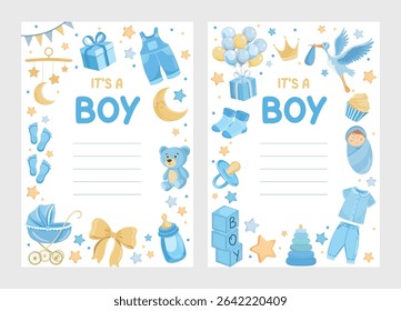 Baby boy announcement card with cute decorative elements and “It’s a boy” text, perfect for greeting cards, invitations or baby shower decorations