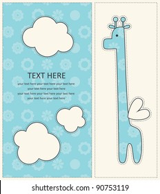 baby boy announcement card with cute giraffe. vector illustration