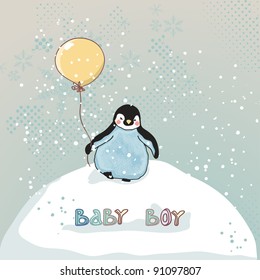 baby boy announcement card with little penguin