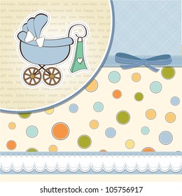 baby boy announcement card with baby and pram