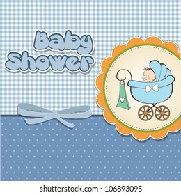 baby boy announcement card with baby and pram