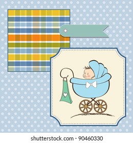 baby boy announcement card with baby and pram