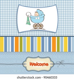 baby boy announcement card with baby and pram