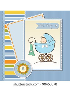 baby boy announcement card with baby and pram