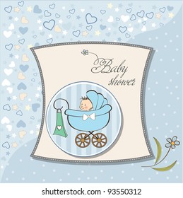 baby boy announcement card with baby and pram