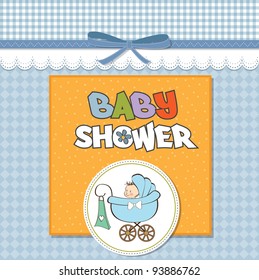 baby boy announcement card with baby and pram