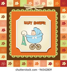 baby boy announcement card with baby and pram