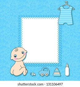 Baby boy announcement card. Vector illustration.