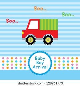 baby boy arrival announcement card with truck graphic