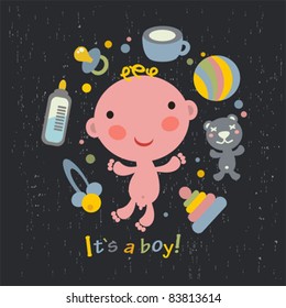 Baby boy arrival announcement card. Vector illustration.