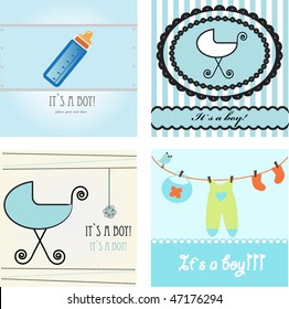 Baby boy arrival announcement retro cards set. Vector illustration.