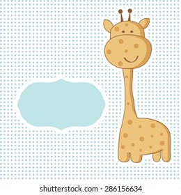 Baby boy arrival card with cute giraffe on polka dot seamless pattern.