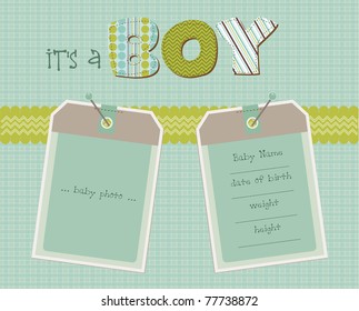 Baby Boy Arrival Card with Photo Frame in vector