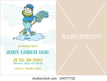 Baby Boy Arrival Card - with place for your text and photo -  in vector