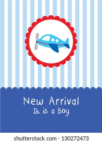 baby boy arrival card with plane graphic