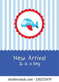 baby boy arrival card with plane graphic