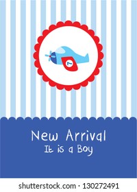 baby boy arrival card with plane graphic